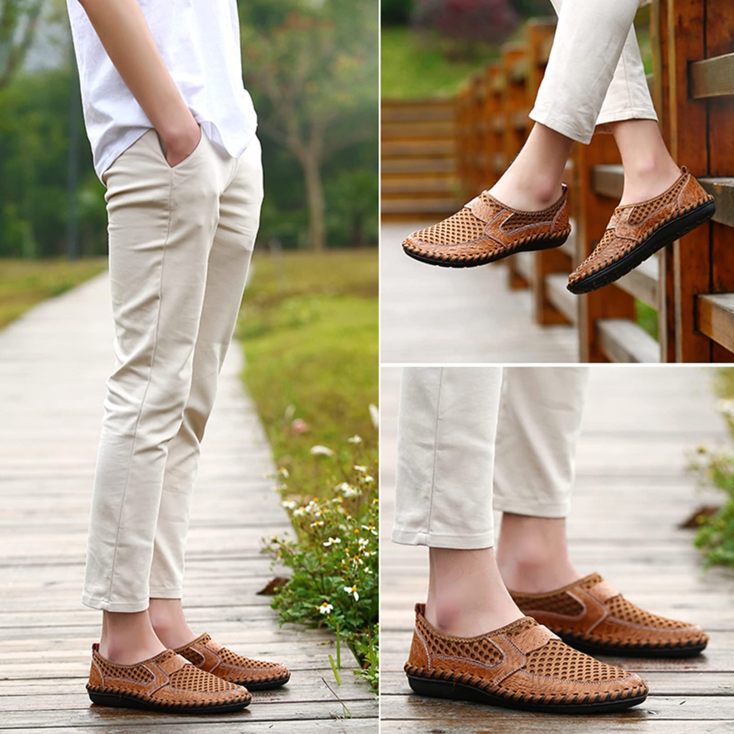 GARB Men's handmade genuine leather mesh breathable slip-on shoes