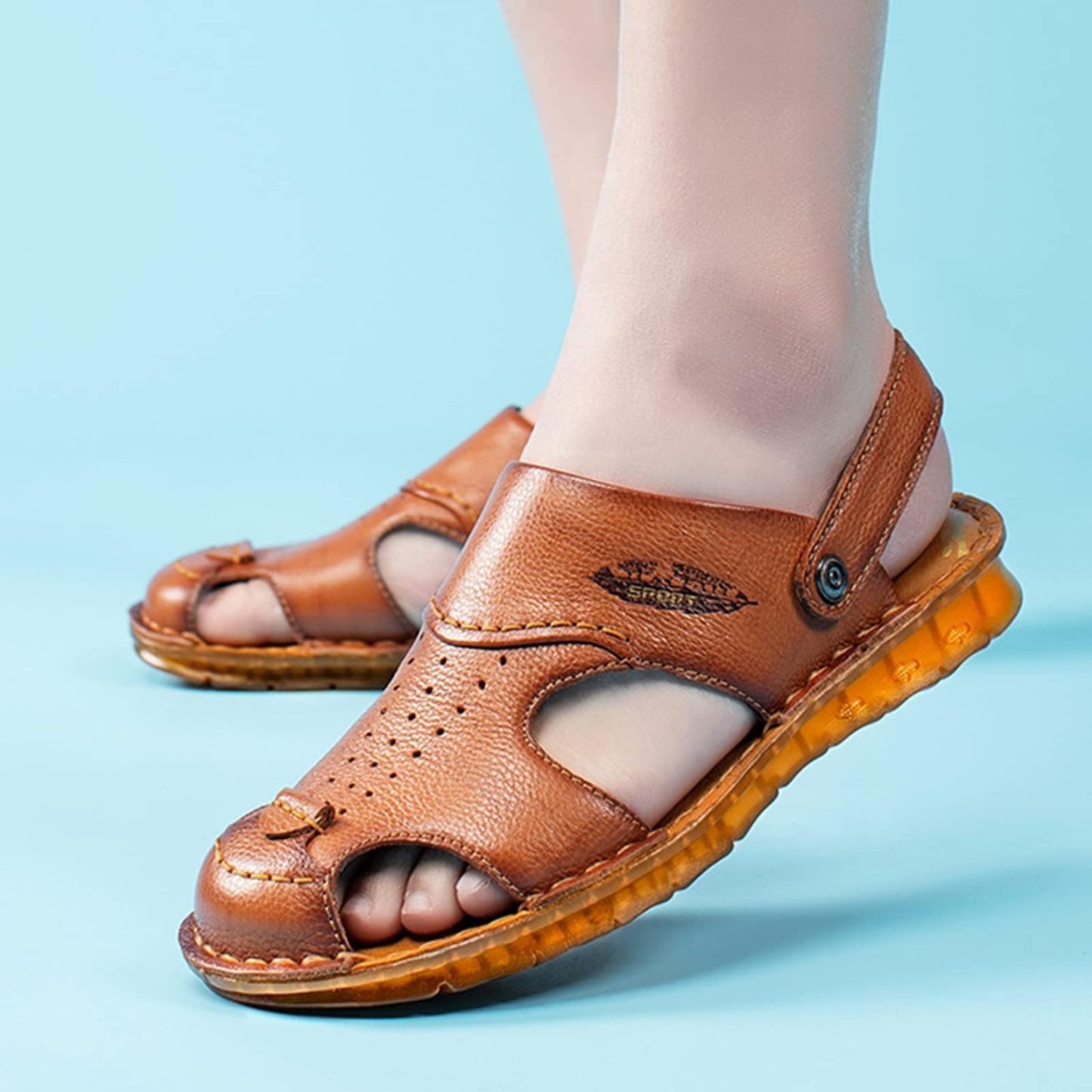 Men's Closed Toe Genuine Leather Soft Breathable Beach Roman Sandals