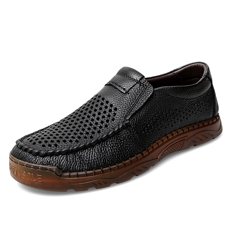 Men's handmade cowhide hollow breathable loafers