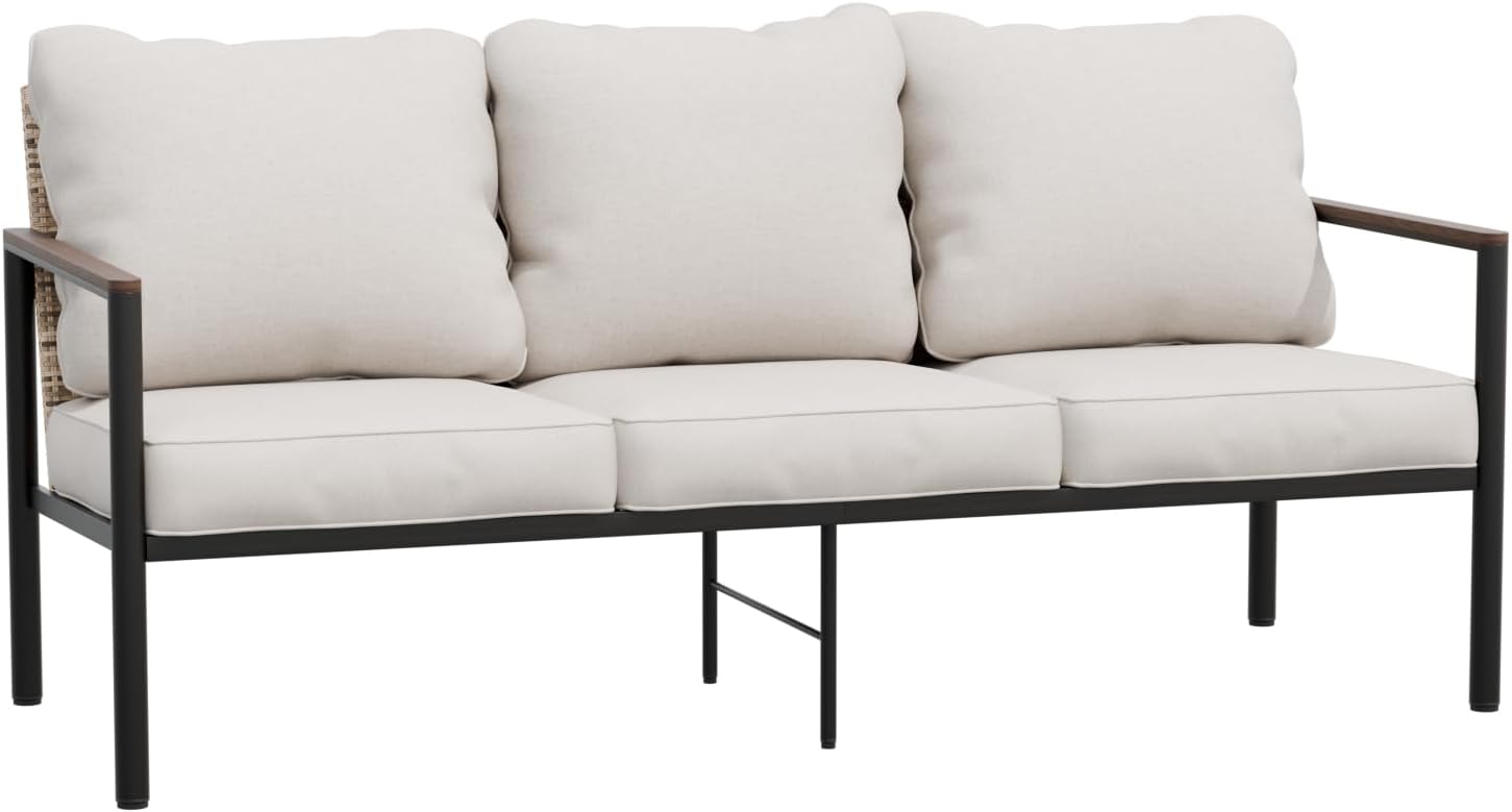 Modern Wicker Outdoor Patio Sofa, Brown/Beige