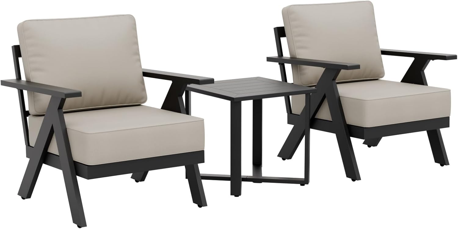 Metal Outdoor Bistro Set, Table and Chairs Set for 2 Black/Beige