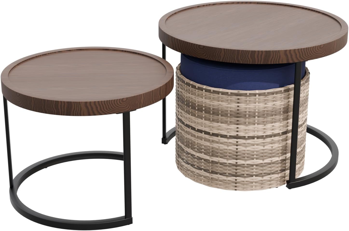 Chic Nesting Tables with Ottomans, 2 Tables 1 Ottoman, Brown/Blue