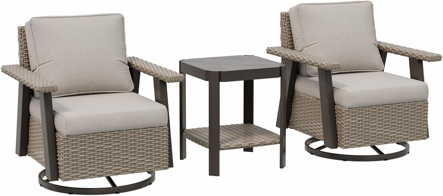 3 Piece Outdoor Furniture Set, Swivel Rocker Chairs and Side Table Beige