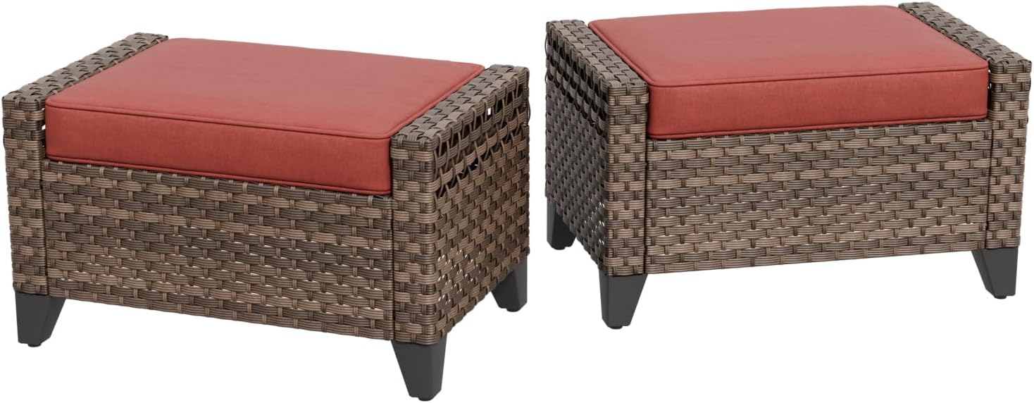 2 Pieces Modern Outdoor Wicker Patio Footstools Brown/Red