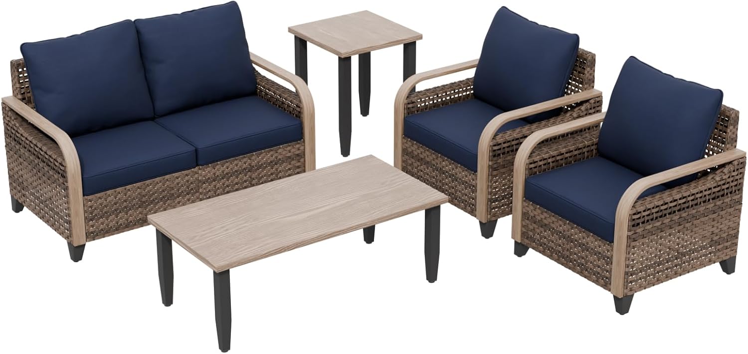 Outdoor  Rattan  Modern Wicker Patio Furniture/Conversation  Set Brown/Blue 5Pcs