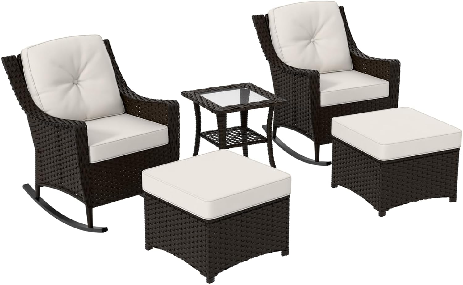 Outdoor Furniture Set with Rocking Chairs Side Table & Ottomans 5 Piece, Brown/Beige