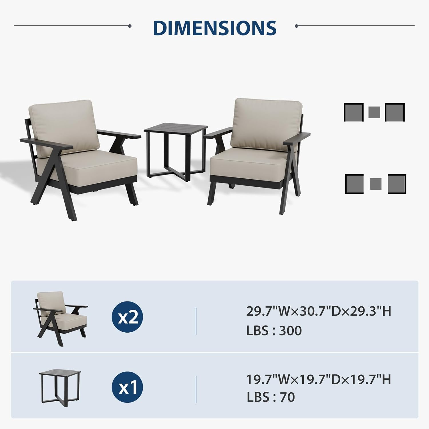 Metal Outdoor Bistro Set, Table and Chairs Set for 2 Black/Beige