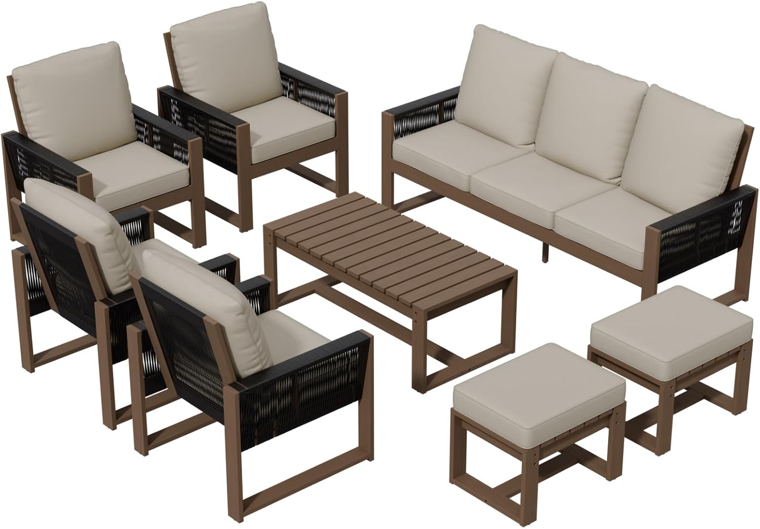 Wood Outdoor Furniture Set, Wicker Patio Conversation Set 8 Piece, Brownish/Beige