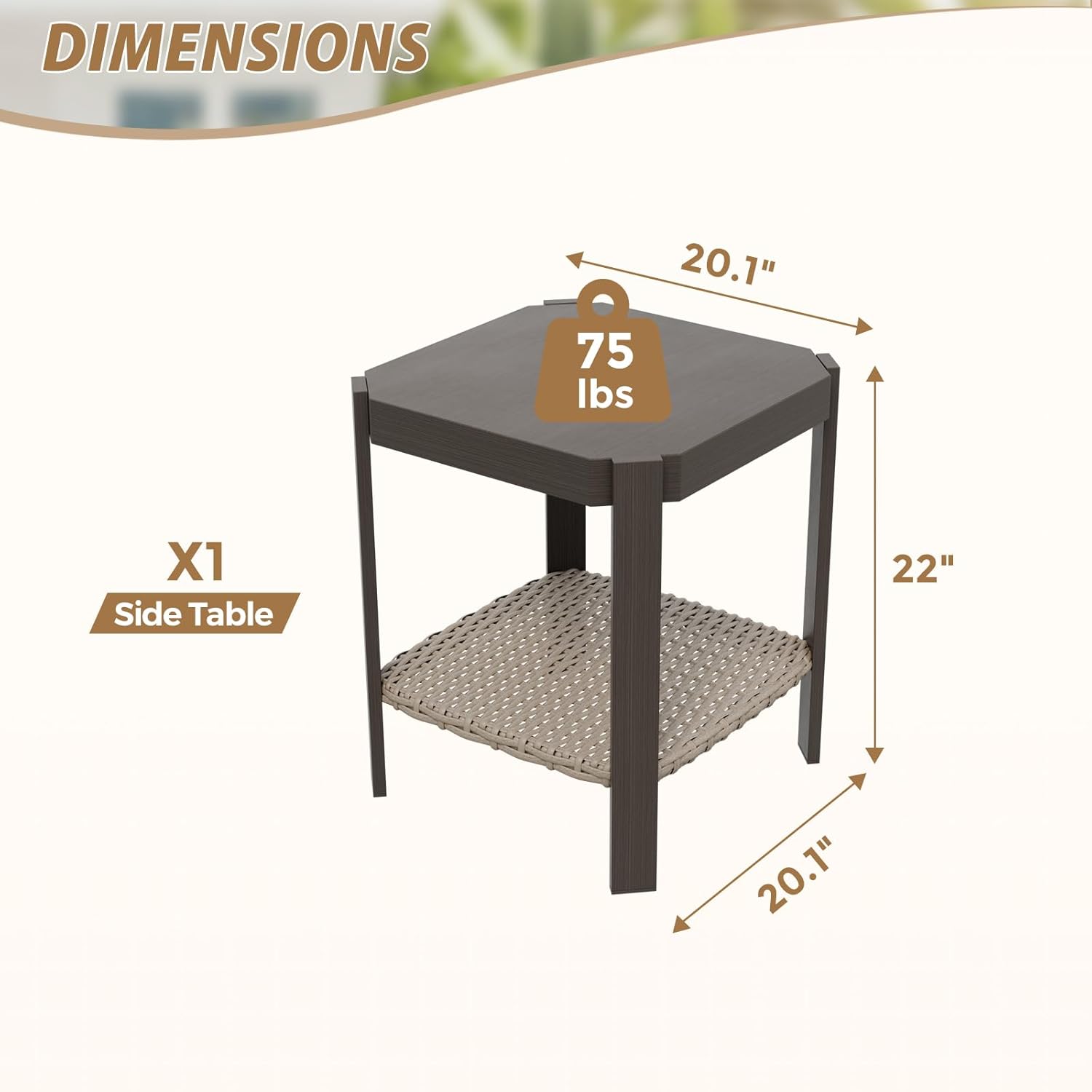 Patio Rattan Wicker End/Side Table, Brown