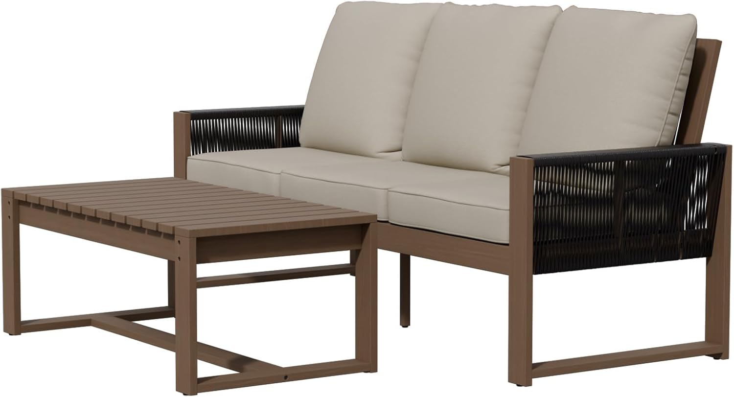 Wood Outdoor Furniture Set/ Patio Conversation Set  2 Piece, Brownish/Beige