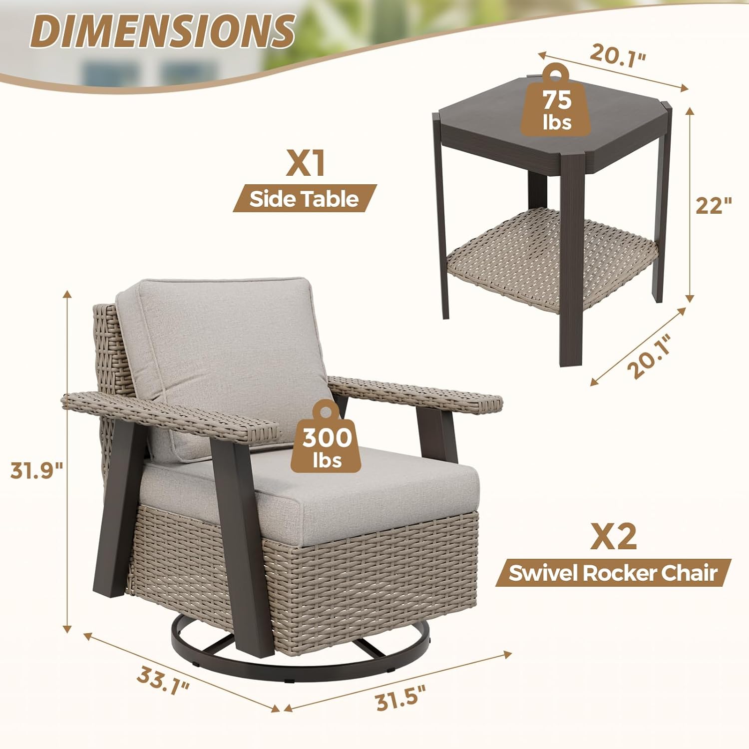 3 Piece Outdoor Furniture Set, Swivel Rocker Chairs and Side Table Beige