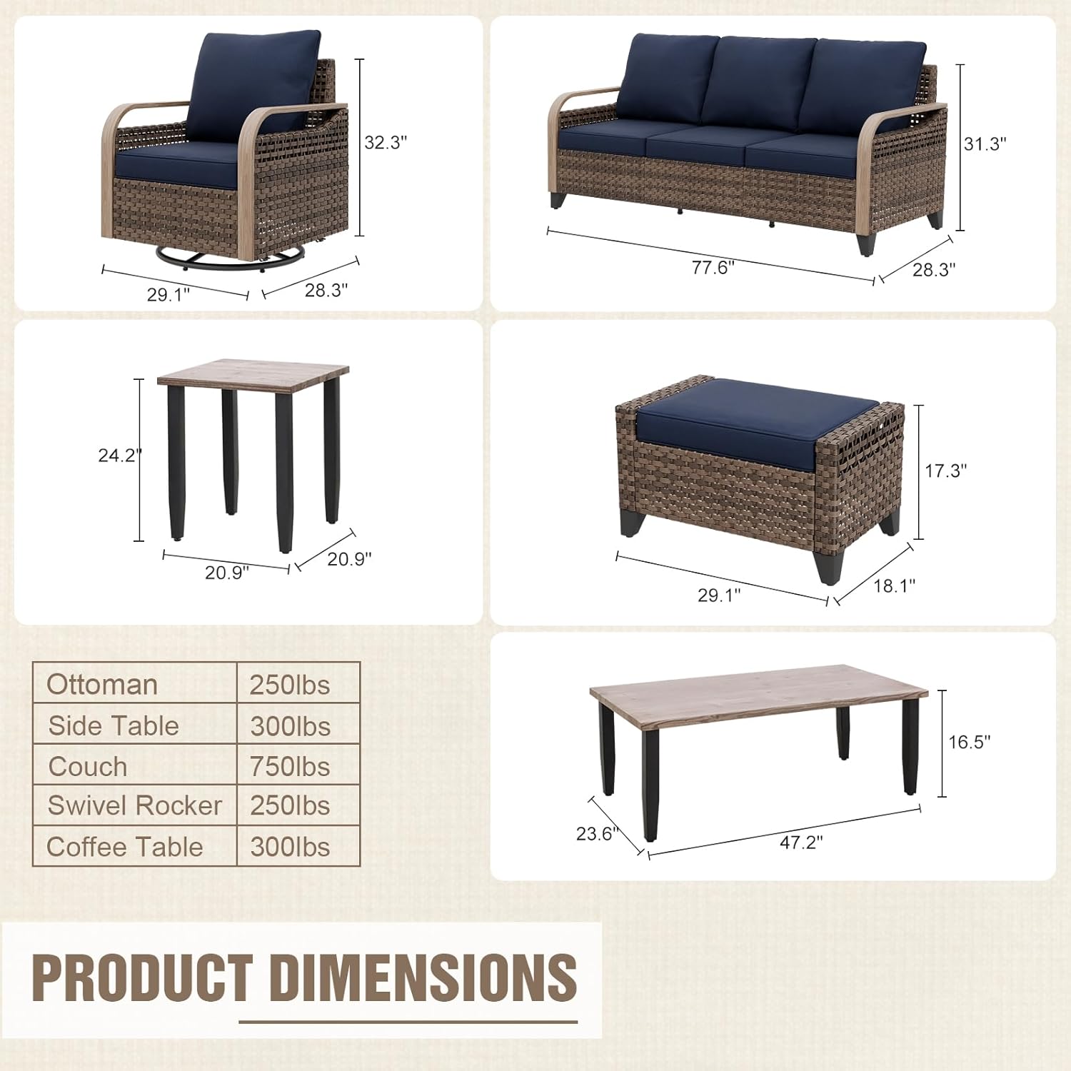 Modern Outdoor  Rattan  Wicker Patio Furniture Set 9 Pieces Brown Blue