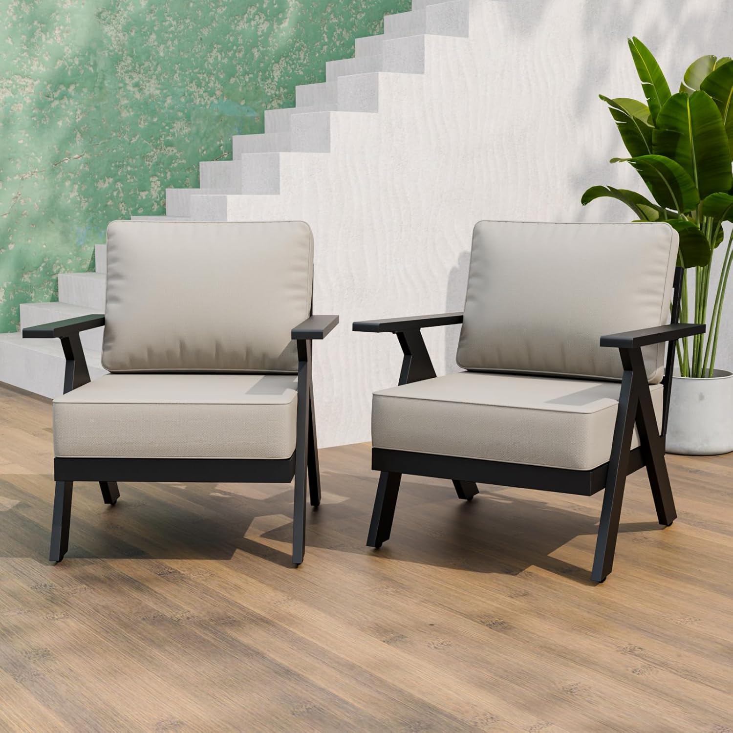 2 Pieces Patio Furniture Outdoor Metal Armchairs, Beige