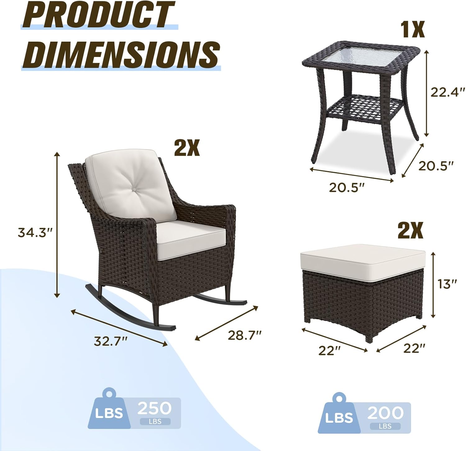 Outdoor Furniture Set with Rocking Chairs Side Table & Ottomans 5 Piece, Brown/Beige