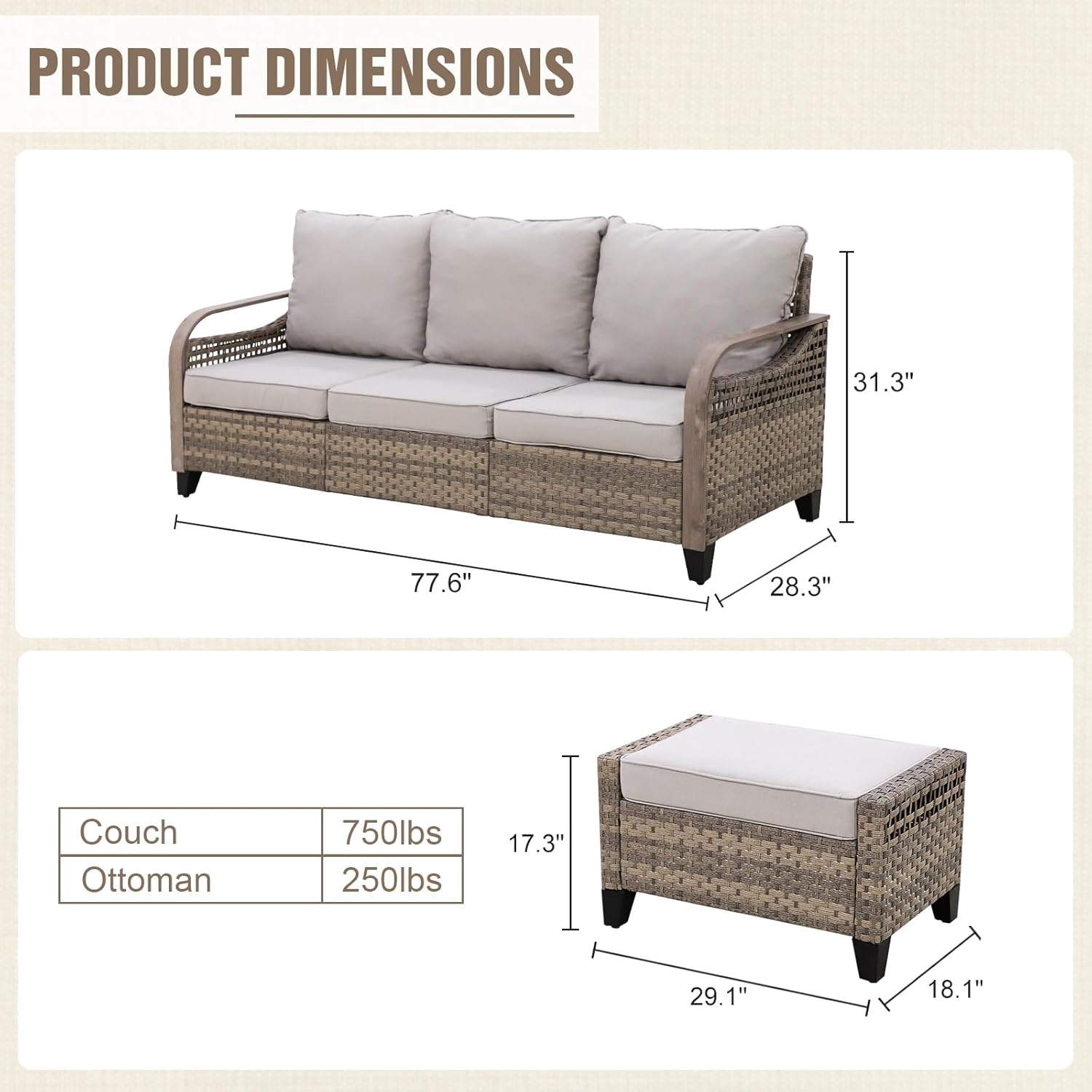 Rattan Outdoor Modern Wicker Patio Furniture/ Conversation  Set  3 Pcs  Brown/Gray
