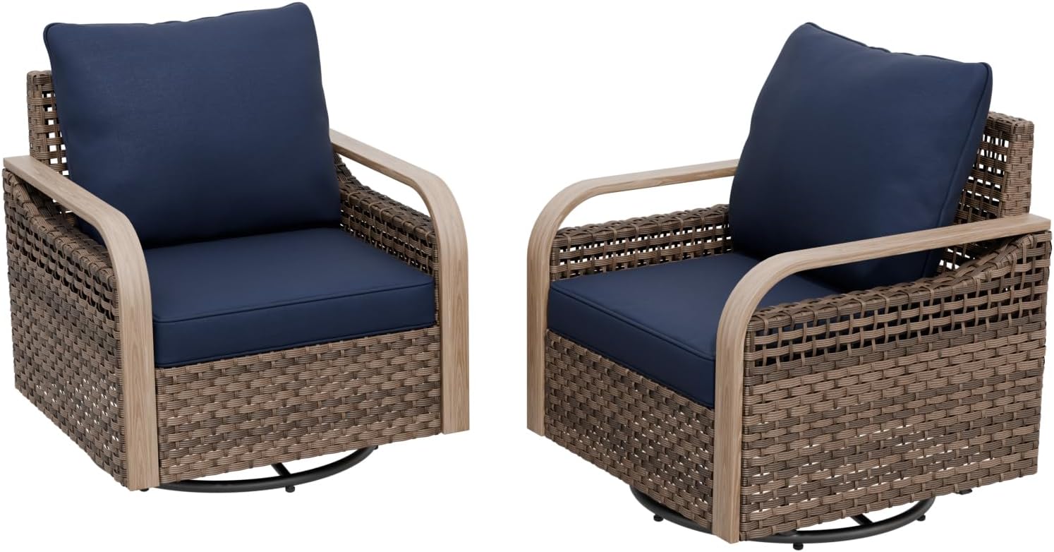 Modern Wicker Outdoor Swivel Rocking Chairs 2 Pieces Brown/Blue