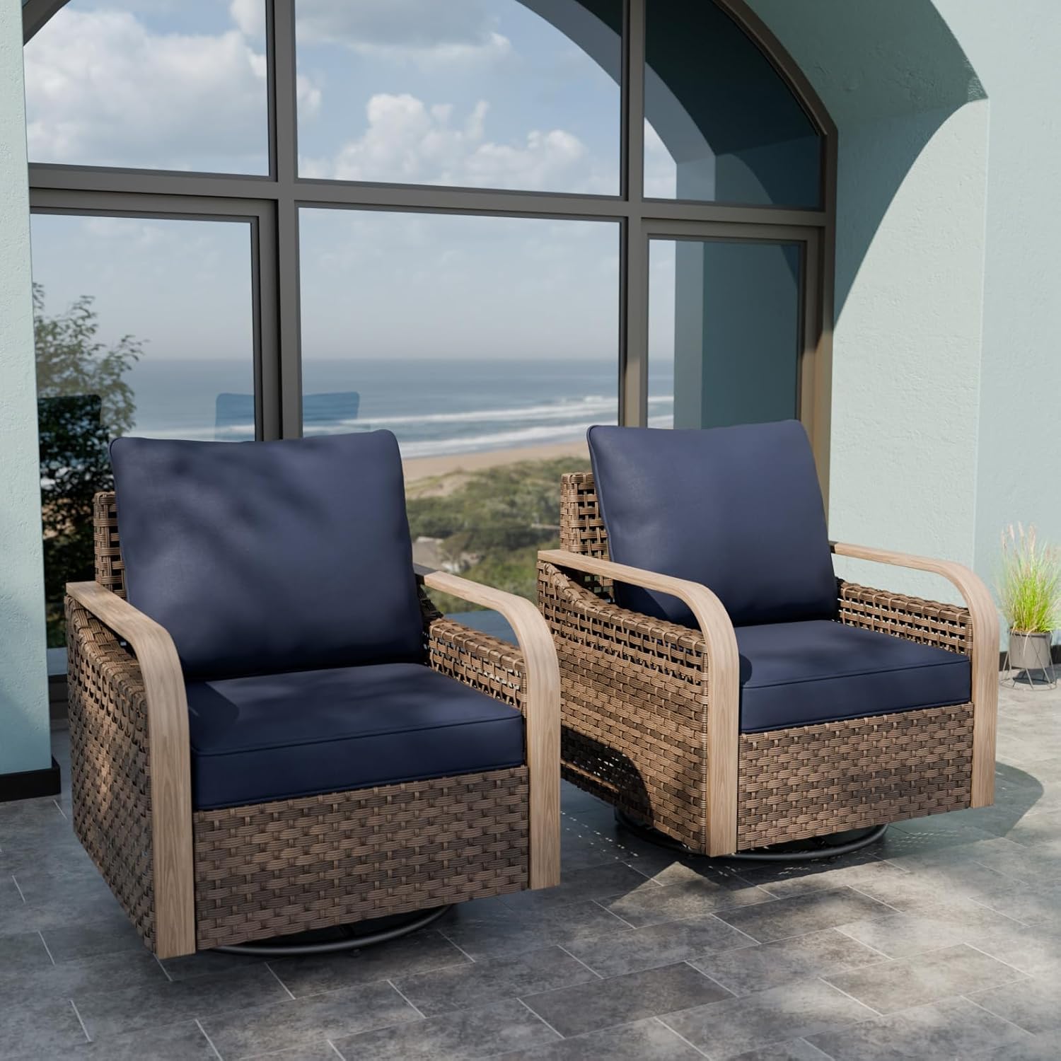 Modern Wicker Outdoor Swivel Rocking Chairs 2 Pieces Brown/Blue