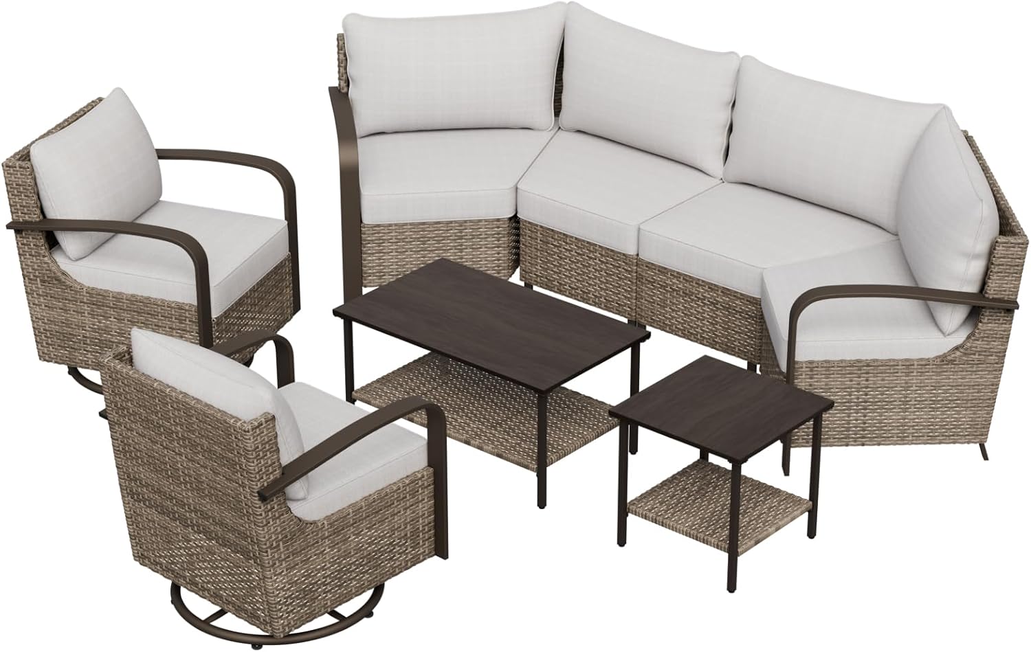 Half Moon Curved Rattan Outdoor Conversation Set Seats 6, Beige/Beige