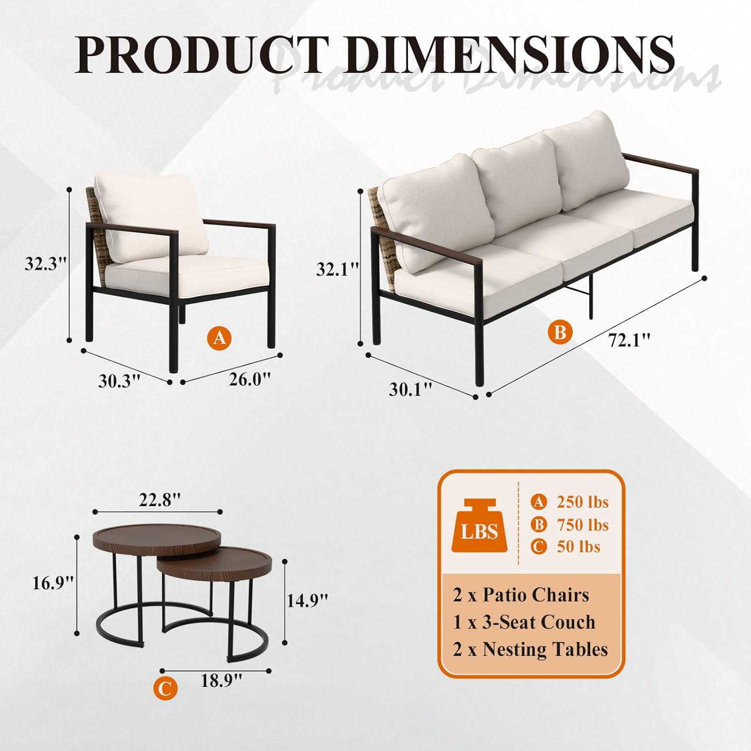 Chic Wicker Outdoor  Patio Furniture Set, 5 Pieces, Brown/Beige