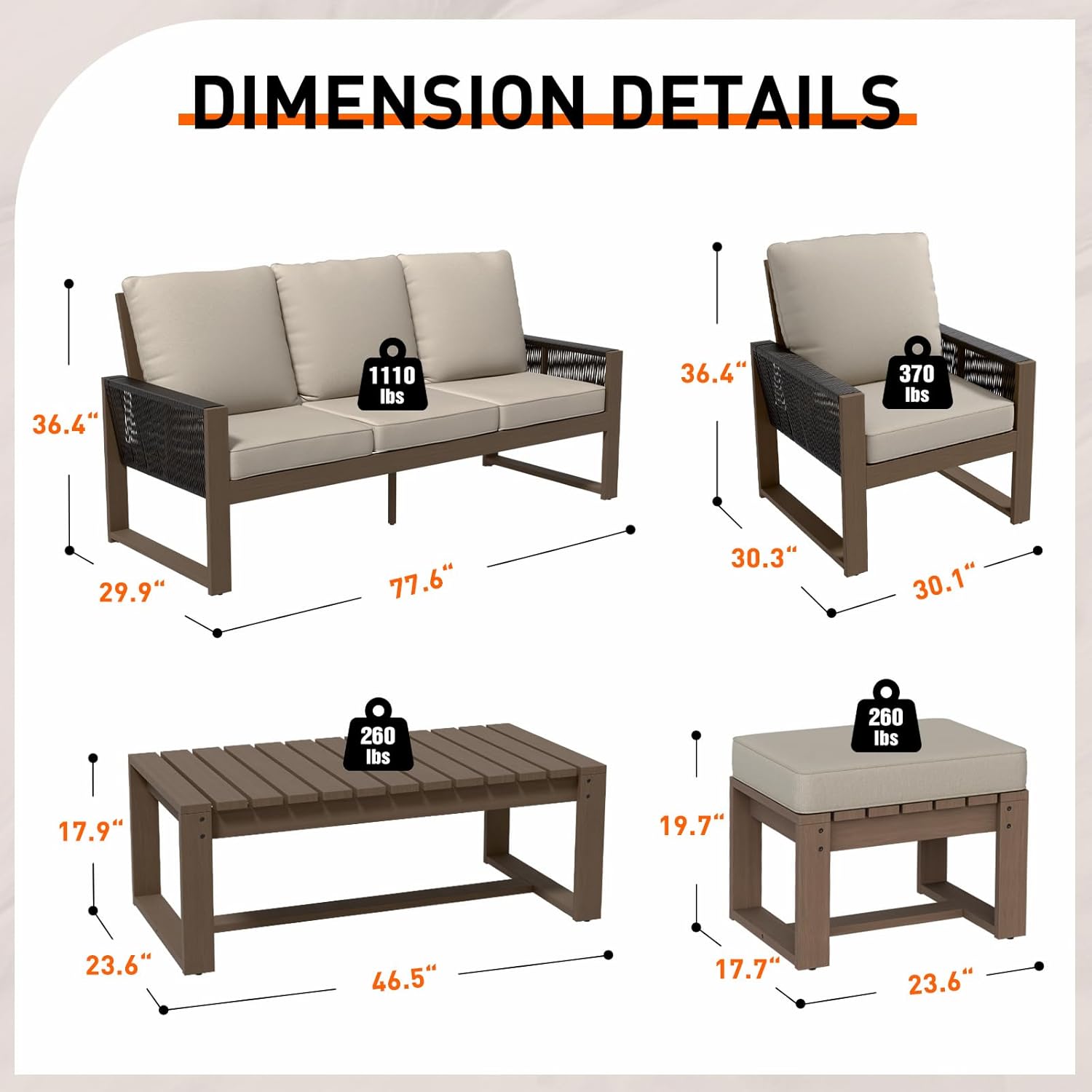Wood Outdoor Furniture Set, Wicker Patio Conversation Set 8 Piece, Brownish/Beige