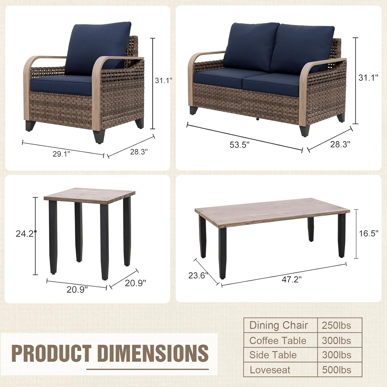 Outdoor  Rattan  Modern Wicker Patio Furniture/Conversation  Set Brown/Blue 5Pcs