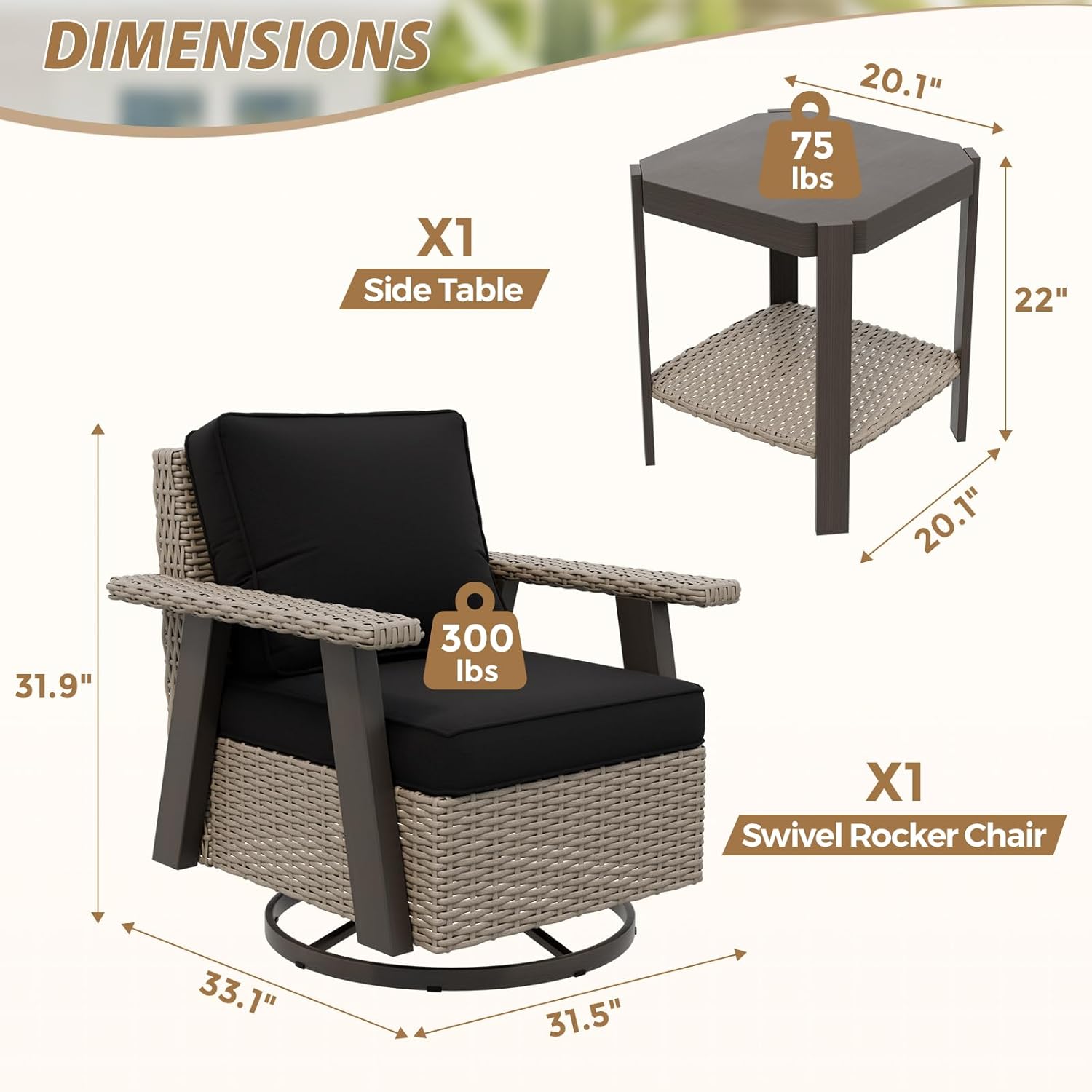 2 Piece Outdoor Furniture Set, Swivel Rocker Chair and Side Table Beige/Black