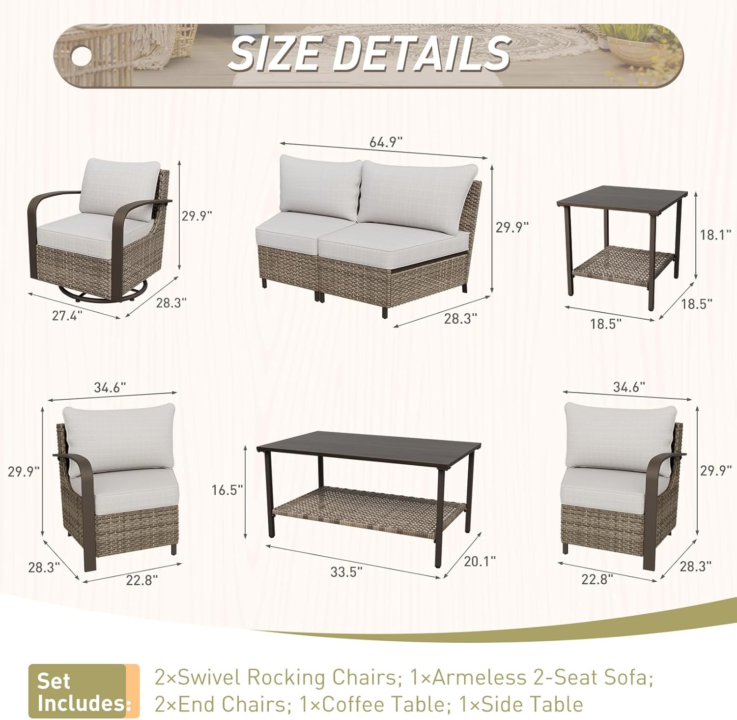 Half Moon Curved Rattan Outdoor Conversation Set Seats 6, Beige/Beige