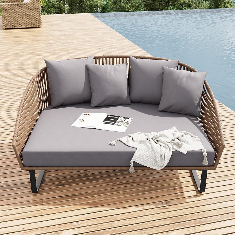 Rattan Patio Outdoor Daybed  Loveseat Gray