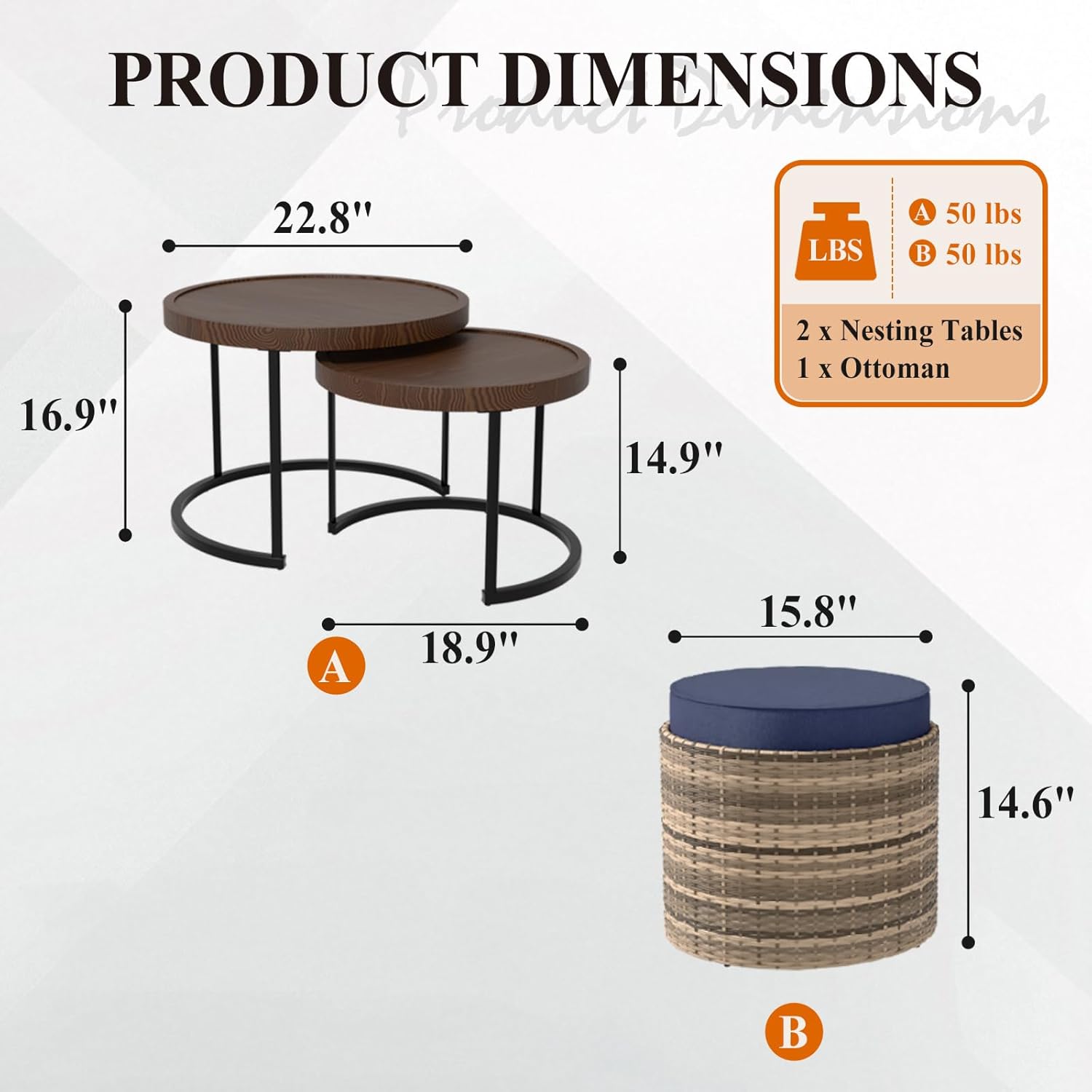 Chic Nesting Tables with Ottomans, 2 Tables 1 Ottoman, Brown/Blue