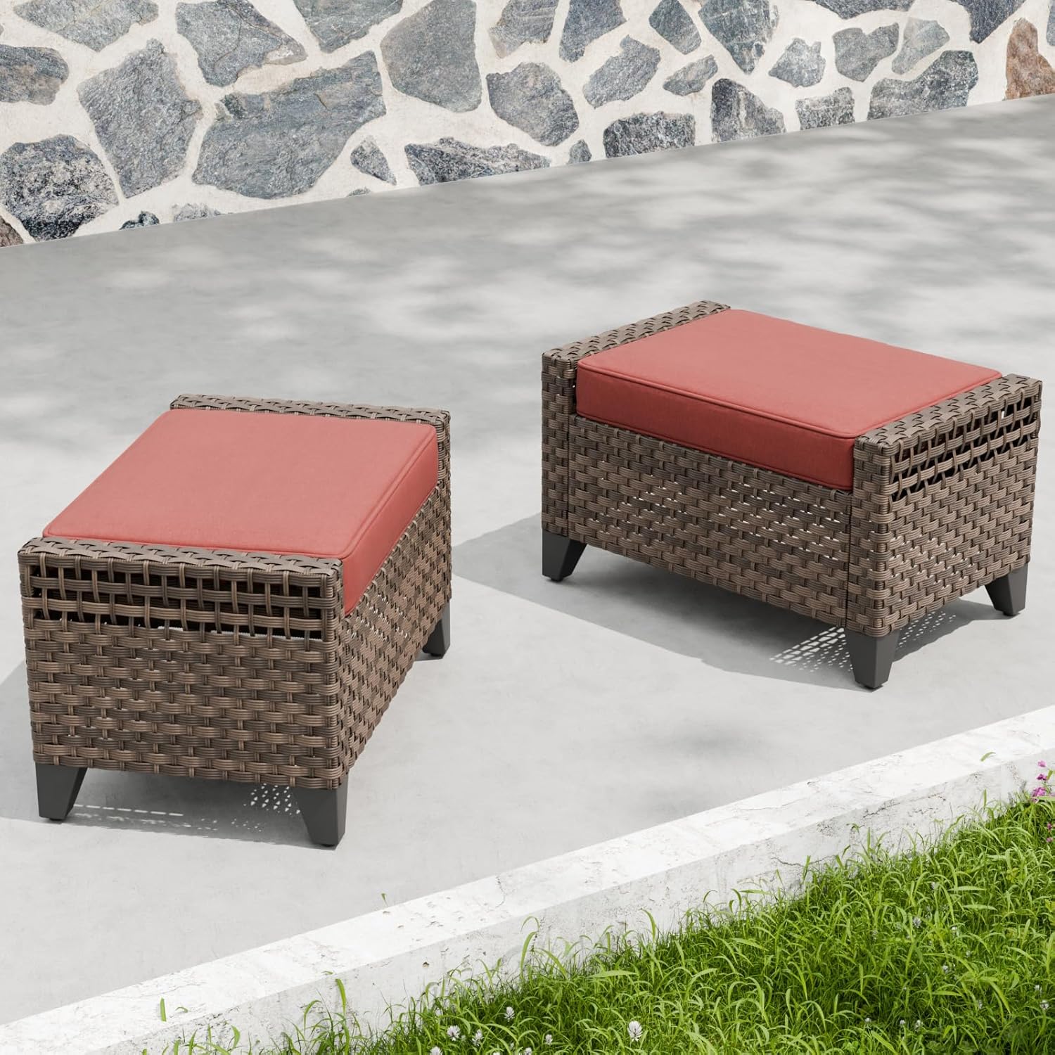 2 Pieces Modern Outdoor Wicker Patio Footstools Brown/Red