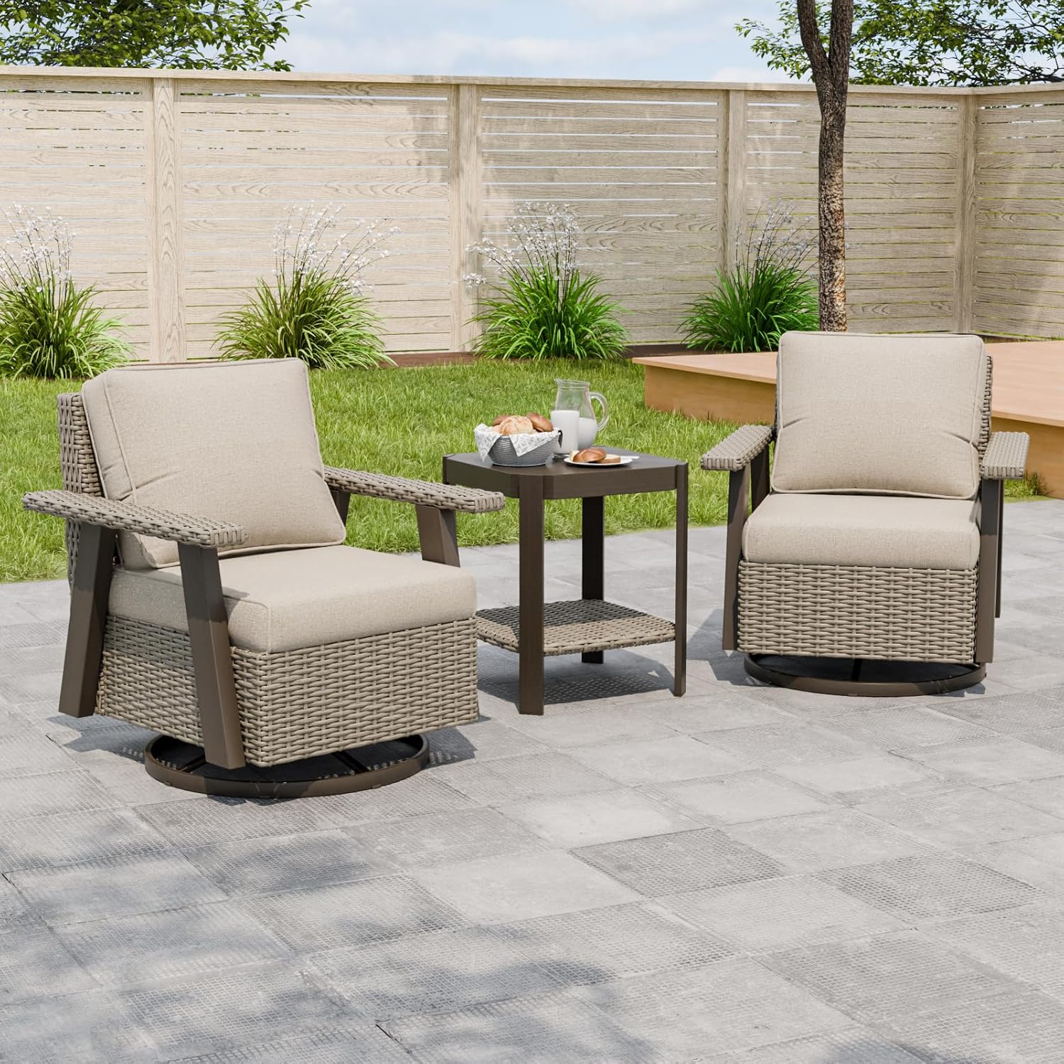 3 Piece Outdoor Furniture Set, Swivel Rocker Chairs and Side Table Beige