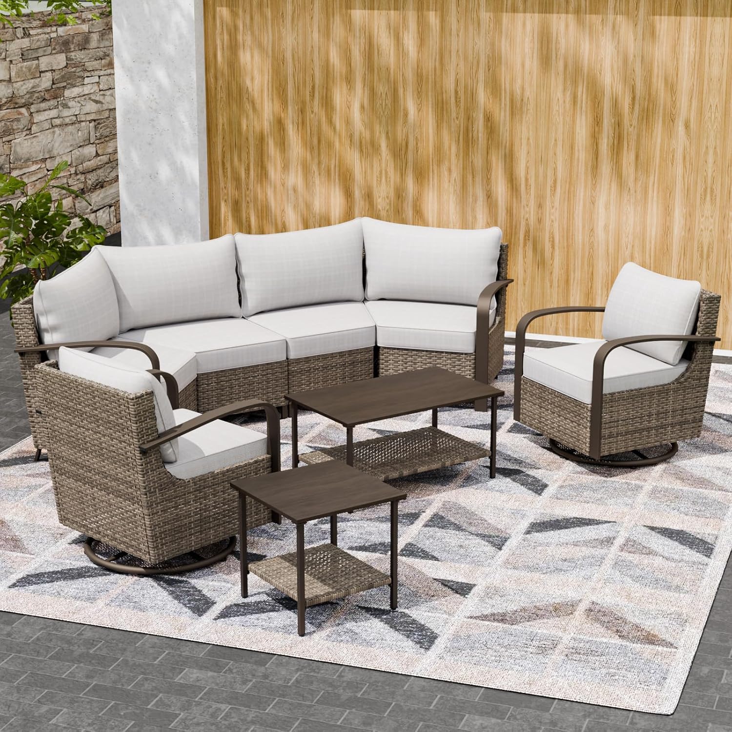 Half Moon Curved Rattan Outdoor Conversation Set Seats 6, Beige/Beige