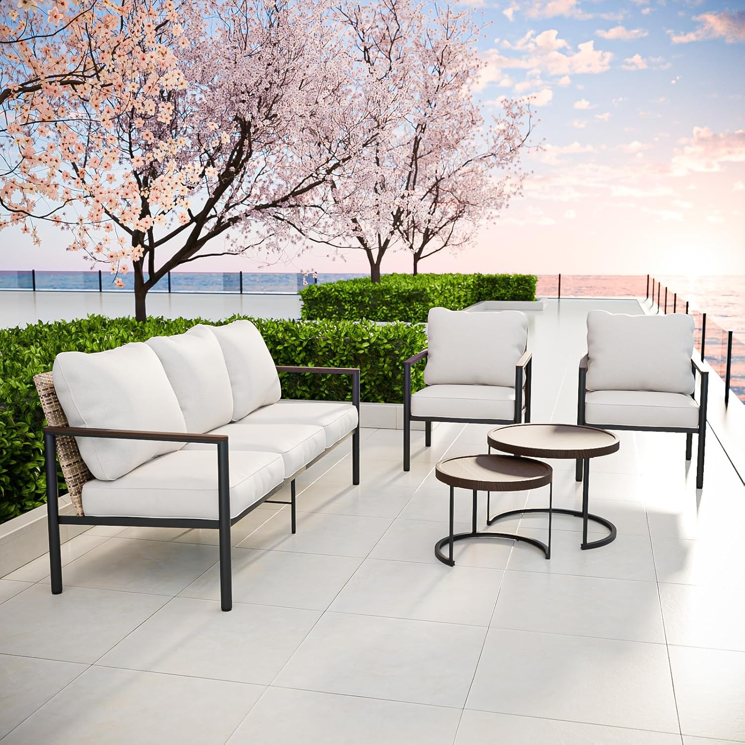 Chic Wicker Outdoor  Patio Furniture Set, 5 Pieces, Brown/Beige