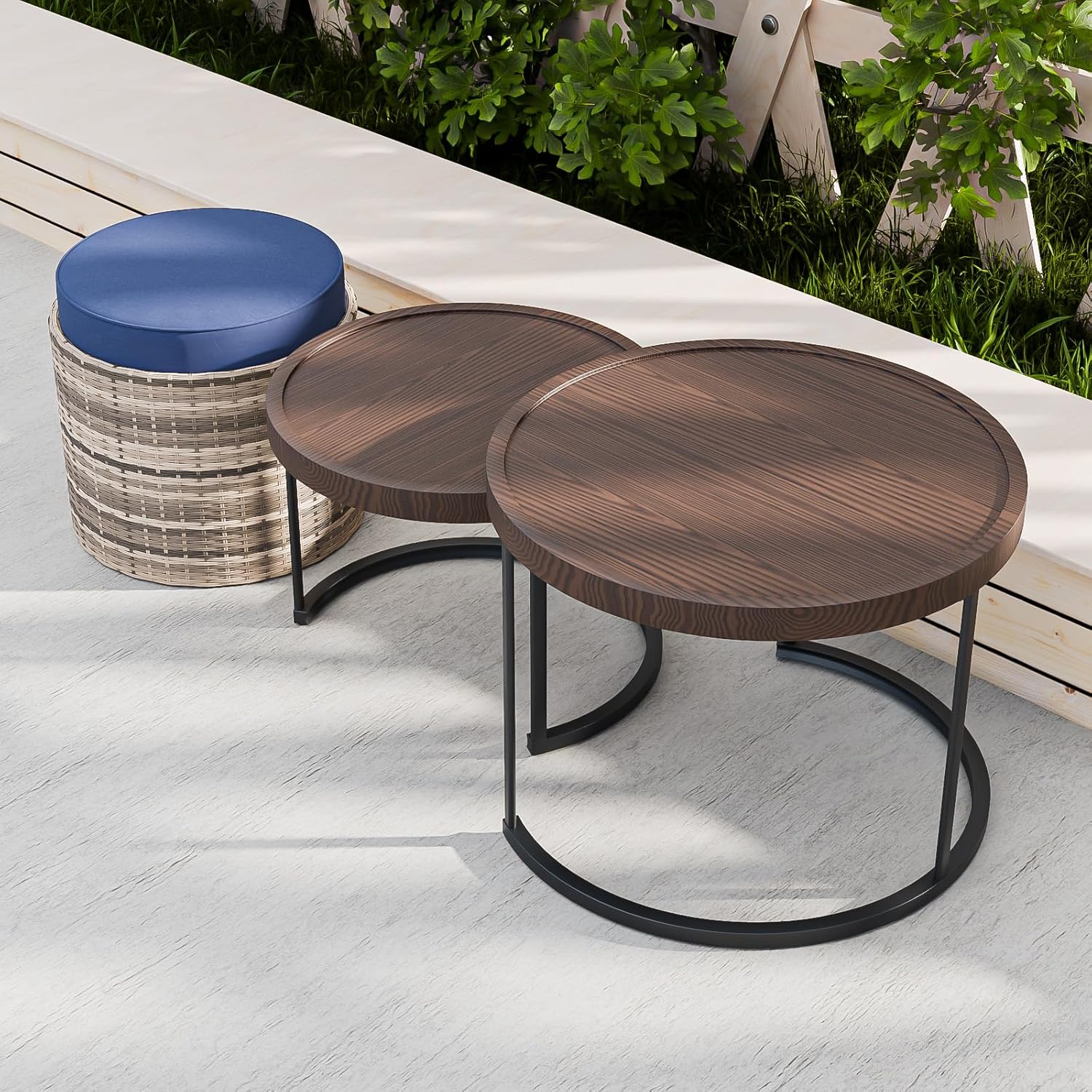 Chic Nesting Tables with Ottomans, 2 Tables 1 Ottoman, Brown/Blue