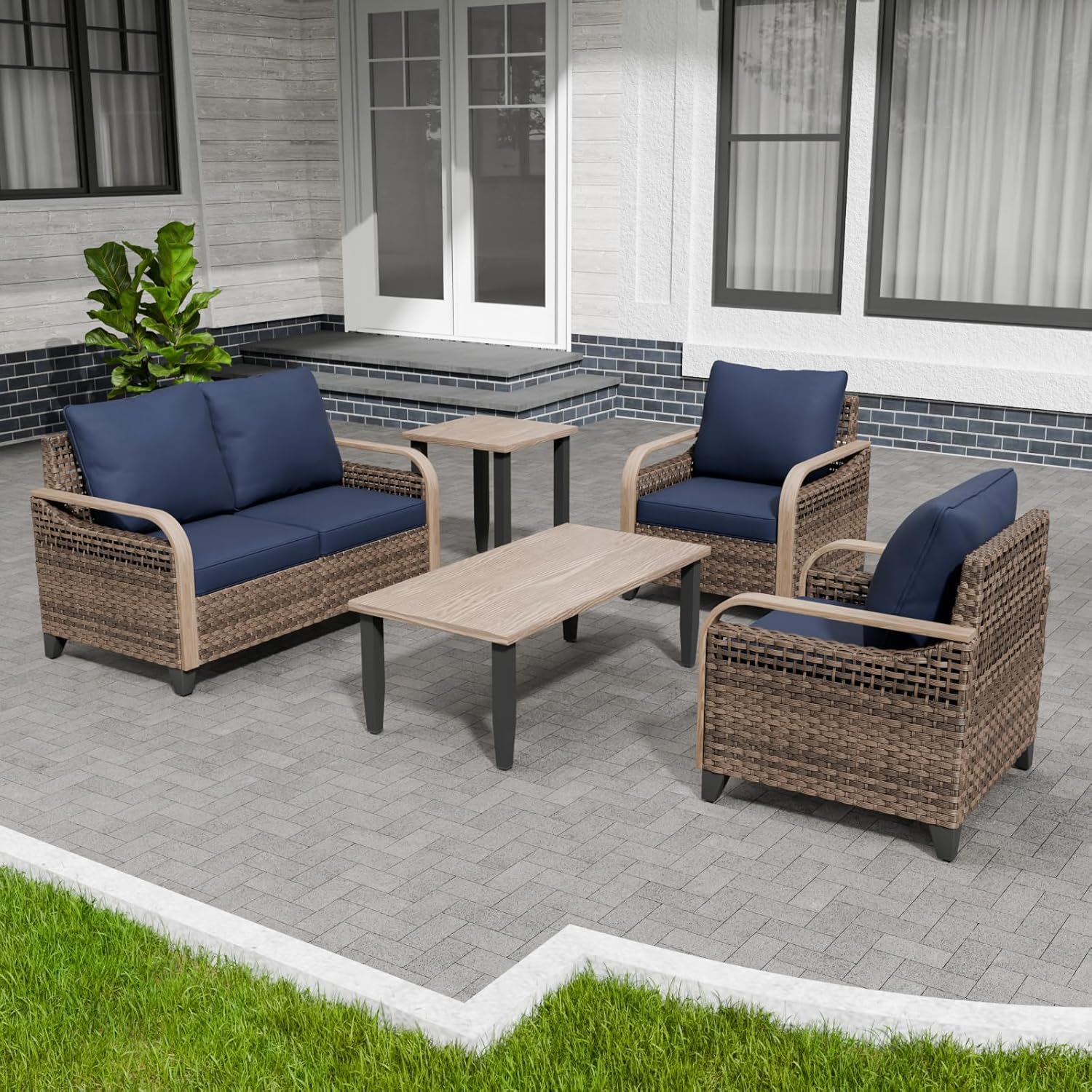 Outdoor  Rattan  Modern Wicker Patio Furniture/Conversation  Set Brown/Blue 5Pcs