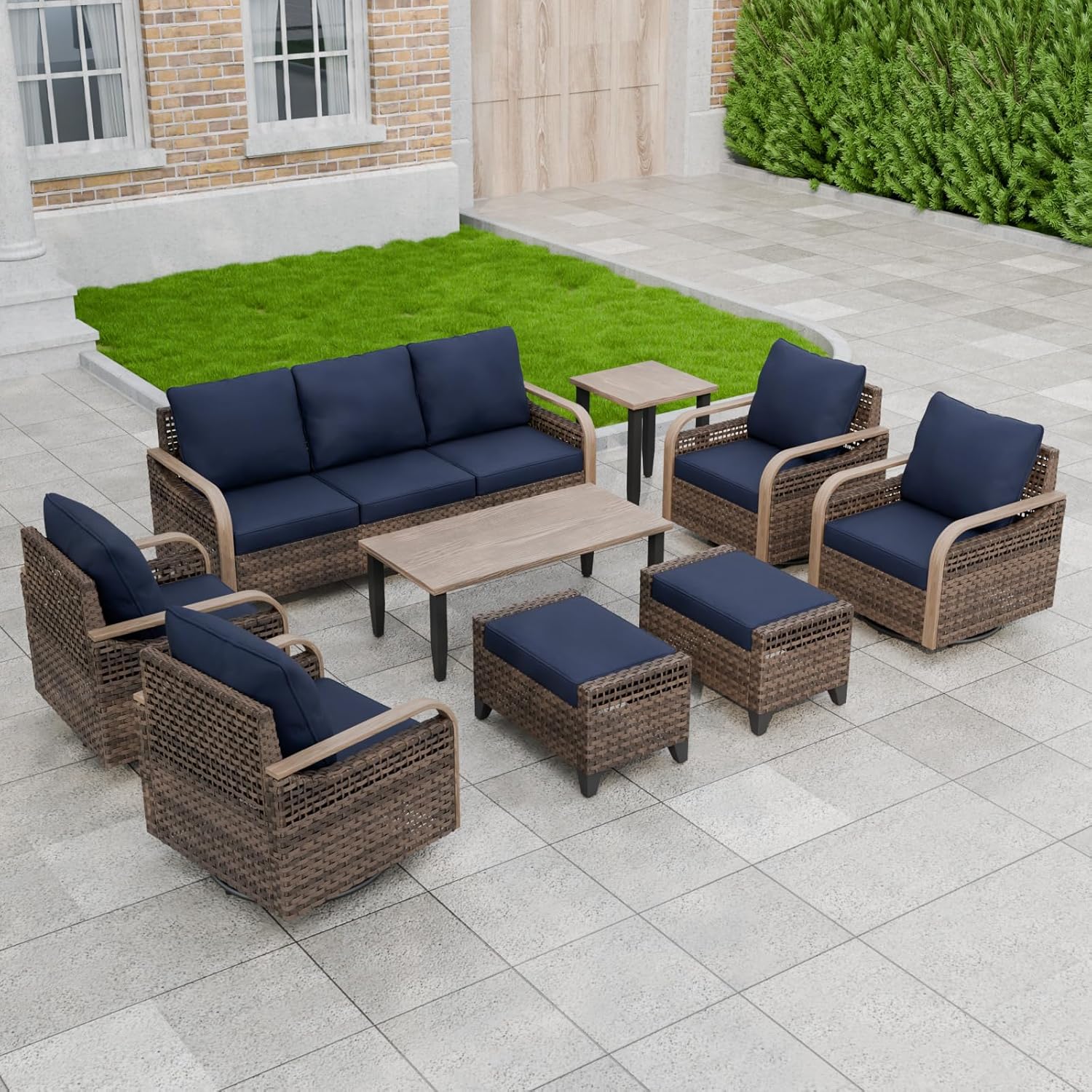 Modern Outdoor  Rattan  Wicker Patio Furniture Set 9 Pieces Brown Blue