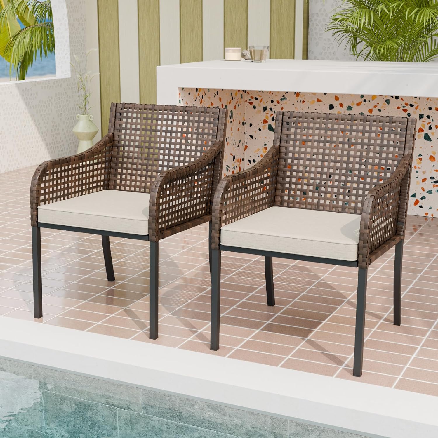 Rattan Outdoor Dining Chairs Set of 2 Brown/Beige
