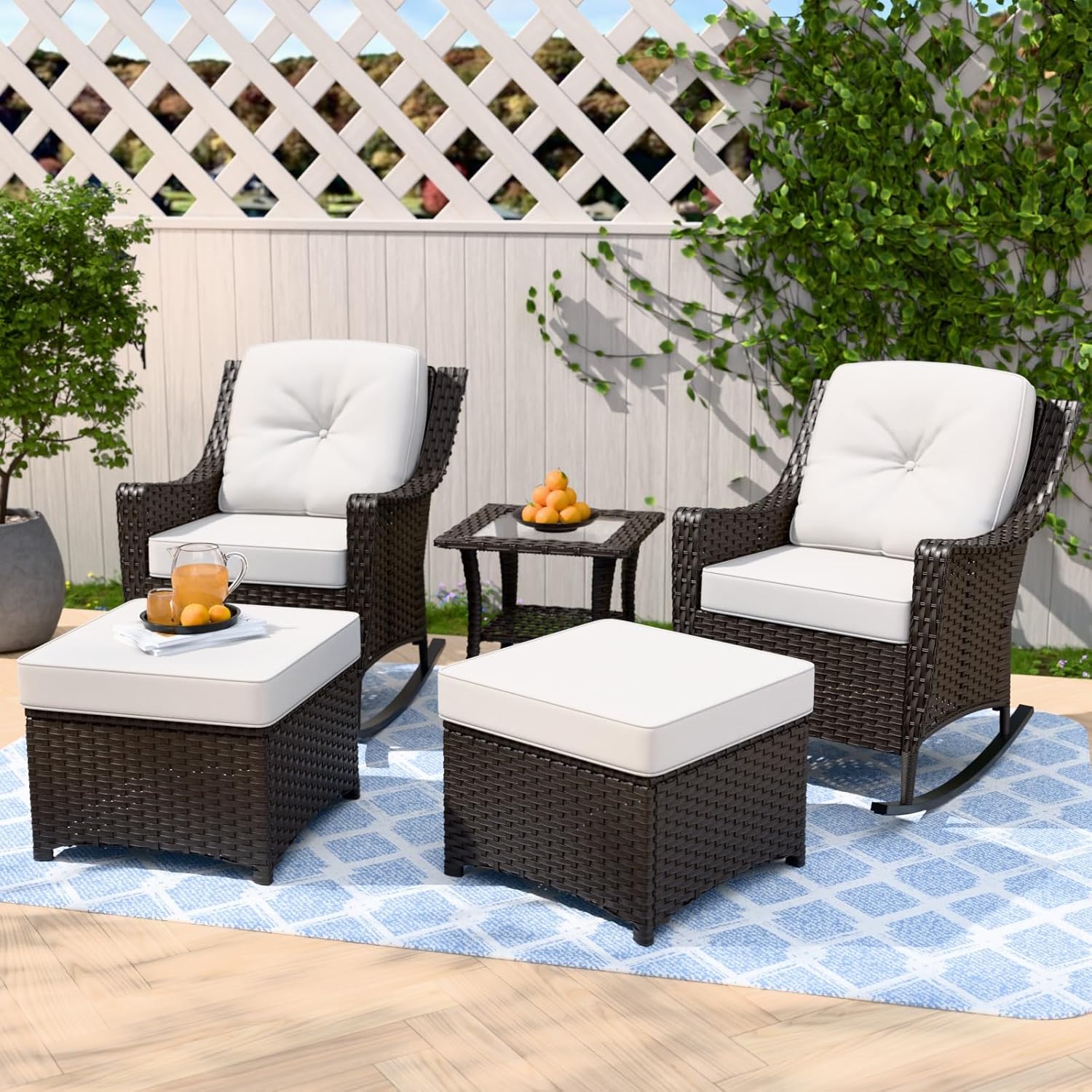 Outdoor Furniture Set with Rocking Chairs Side Table & Ottomans 5 Piece, Brown/Beige