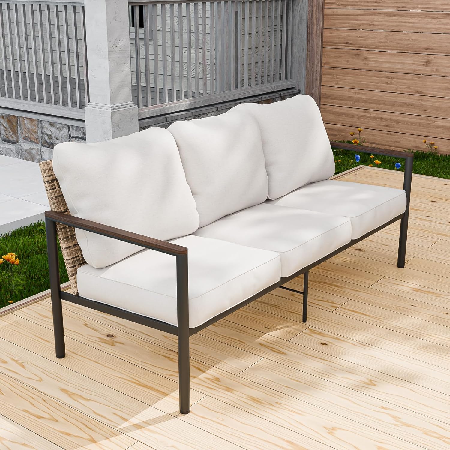 Modern Wicker Outdoor Patio Sofa, Brown/Beige