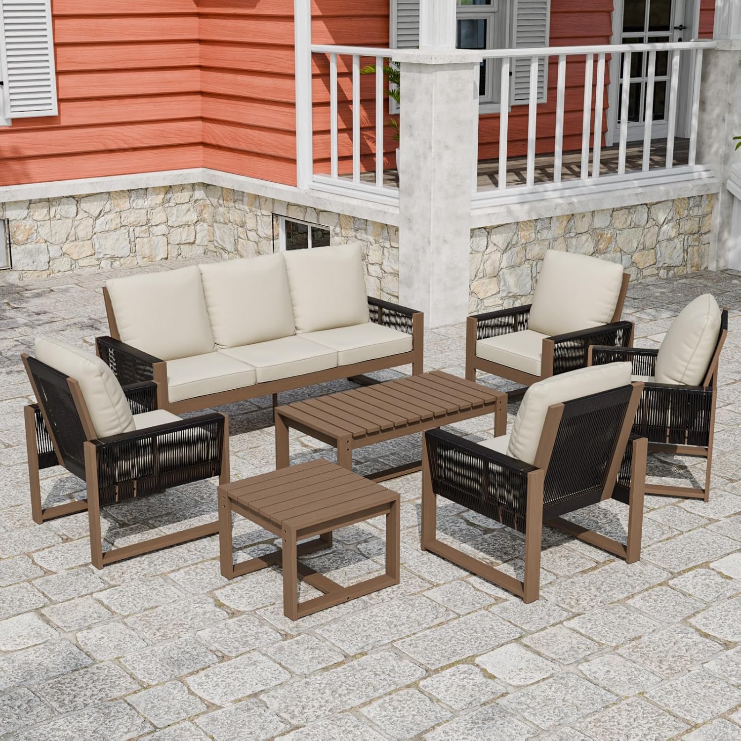Wood Outdoor Furniture Set, Wicker Patio Conversation Set 8 Piece, Brownish/Beige