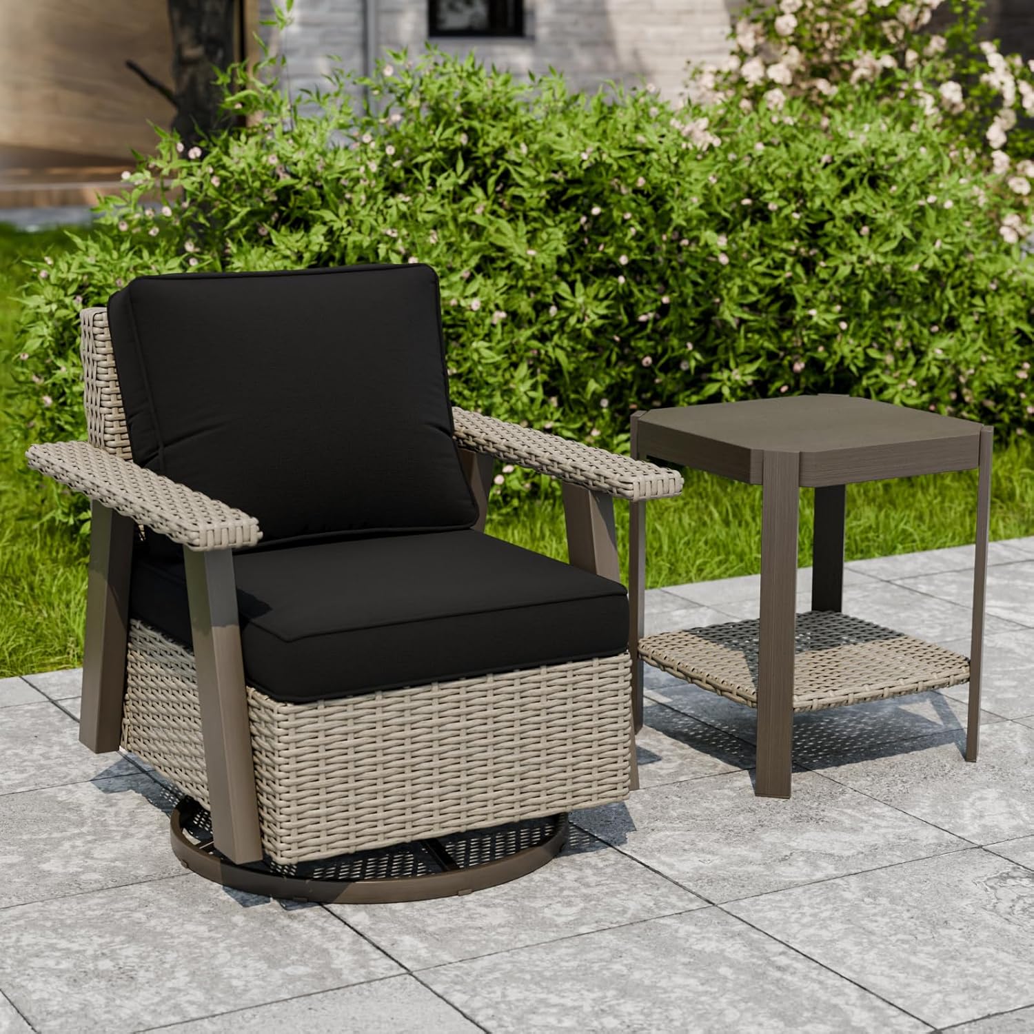 2 Piece Outdoor Furniture Set, Swivel Rocker Chair and Side Table Beige/Black