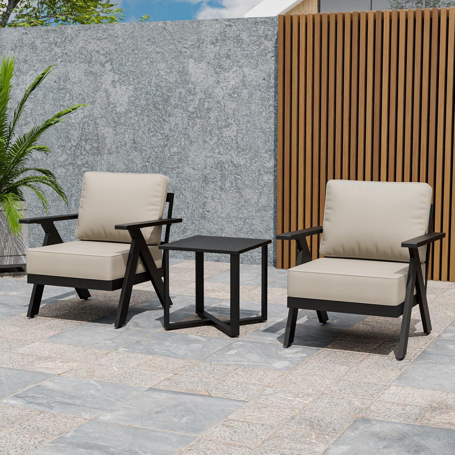 Metal Outdoor Bistro Set, Table and Chairs Set for 2 Black/Beige