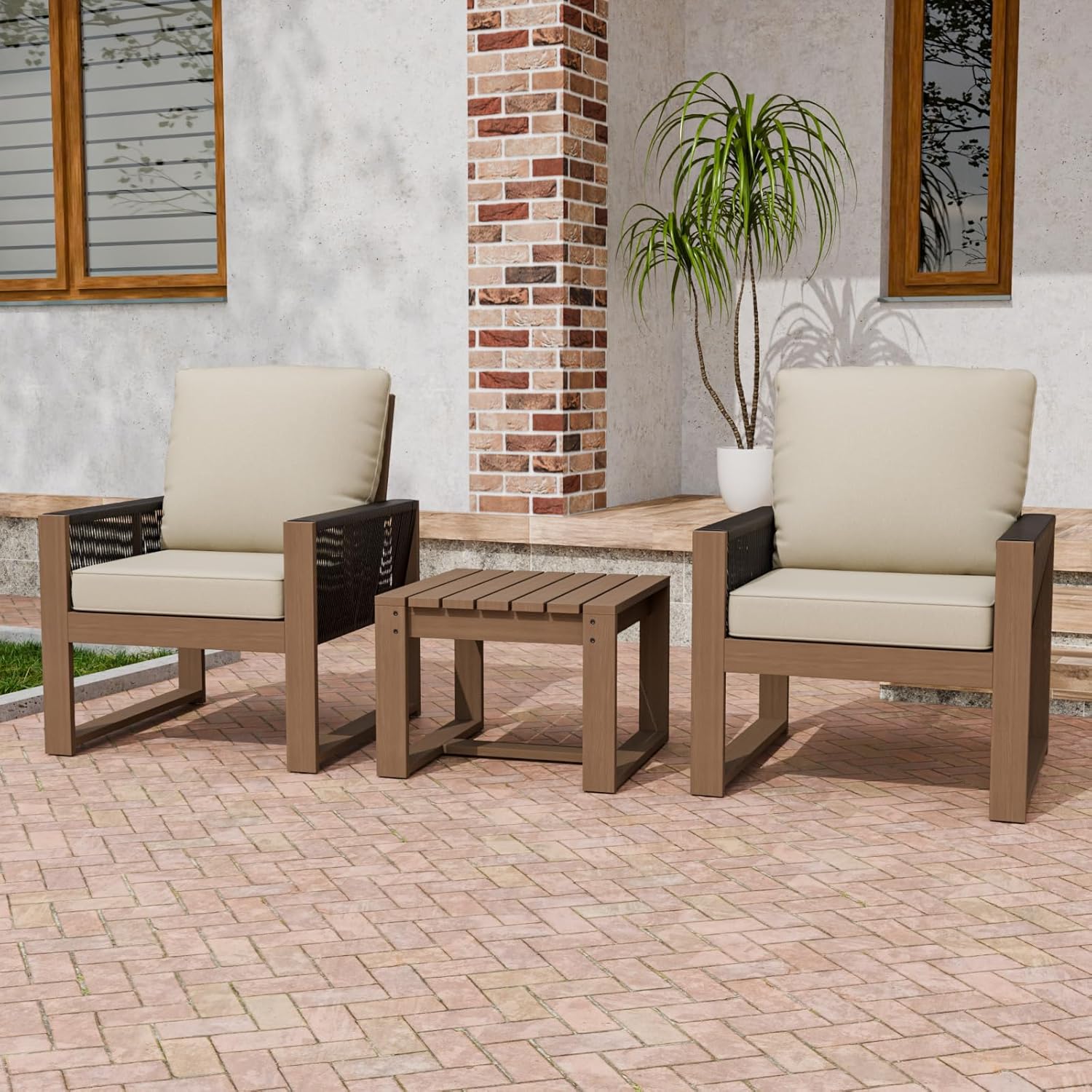 Outdoor  Wicker Natural Cedar Wood Bistro Set, 3 Piece, Brownish/Beige
