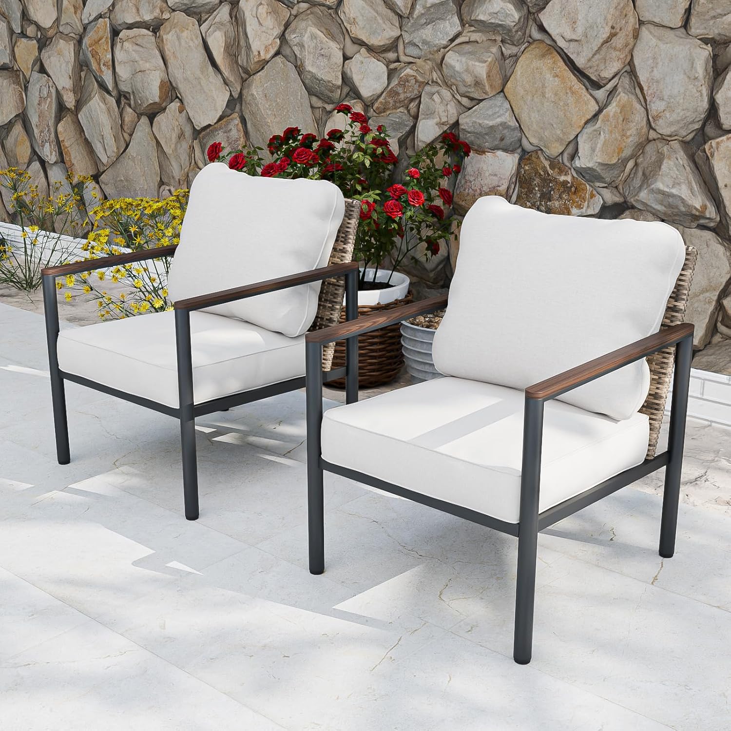 hic Modern Wicker Patio Chairs, 2 Pieces, Brown/Beige