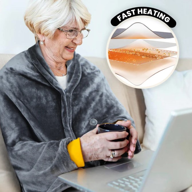 Heated blanket shawl zipped up