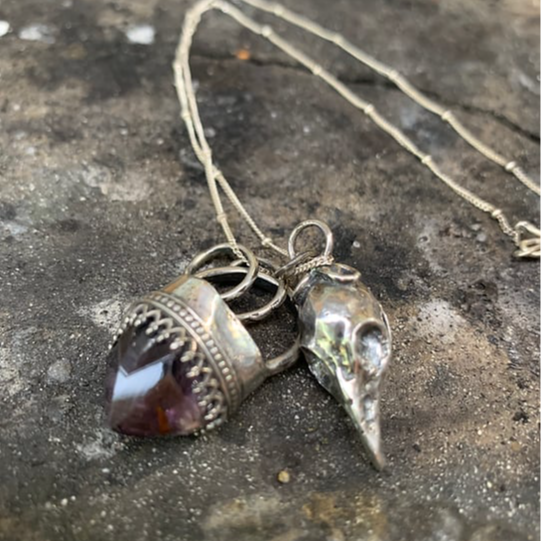 Amethyst And Crow Skull Locket Talisman-Buy 2 Free Shipping