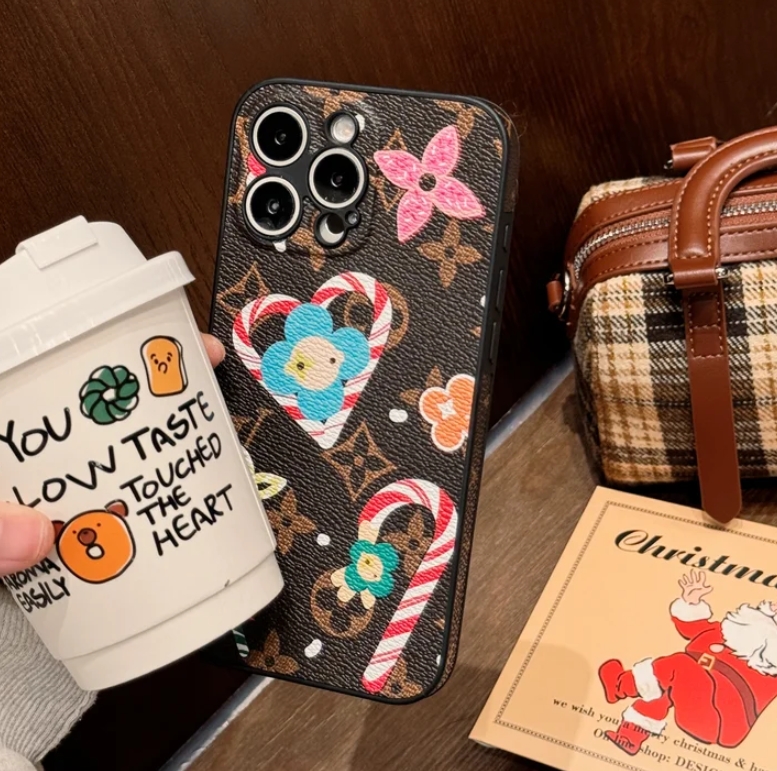 Cartoon Christmas Monogram Vintage Leather V iPhone Case