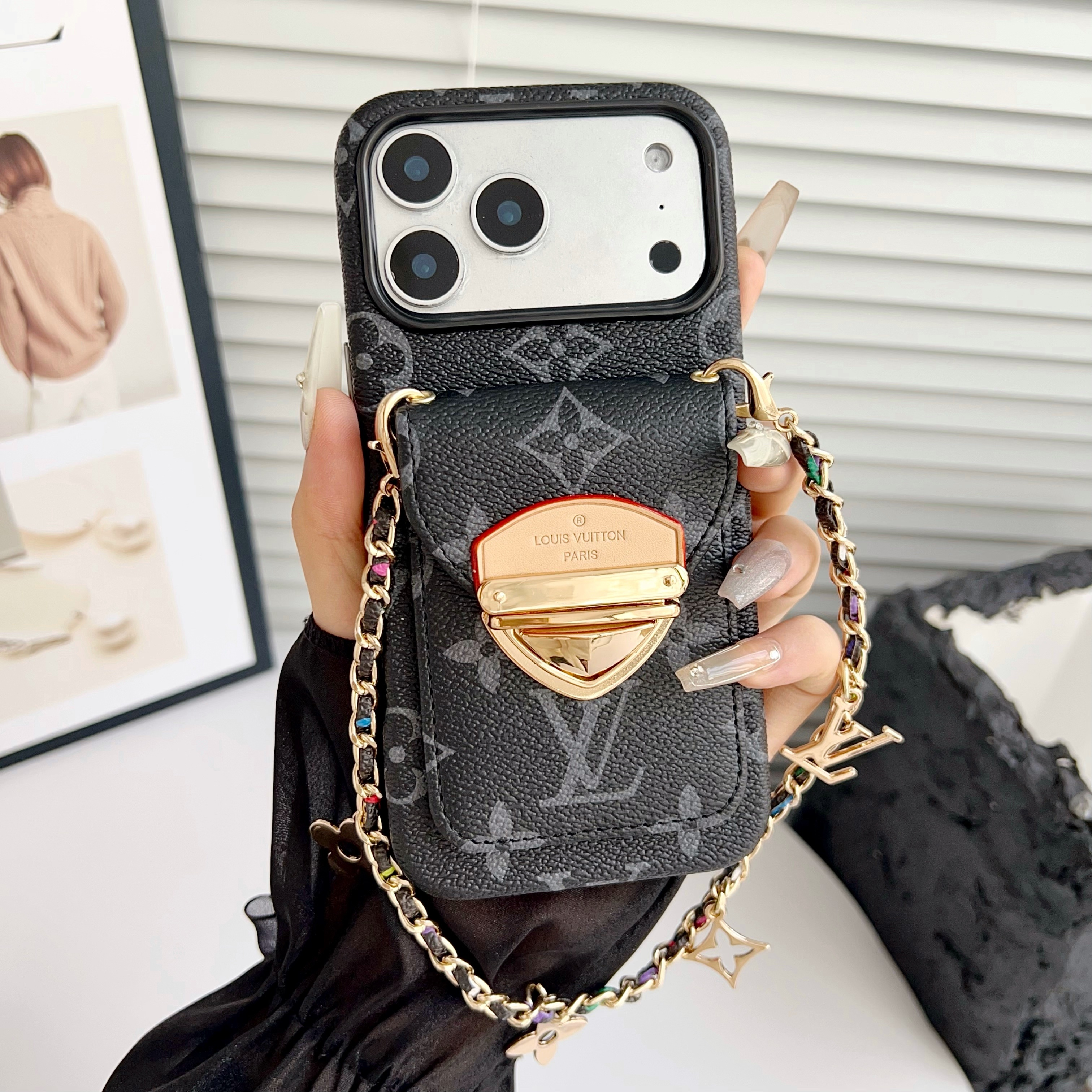 Louis Vuitton Leather iPhone Wallet Case With Letter Metal Bracelet