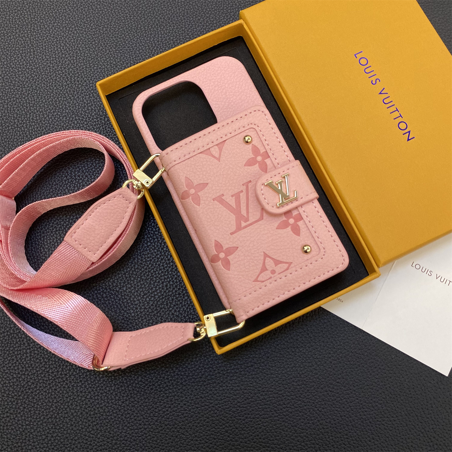 Louis Vuitton Vintage Monogram Leather iPhone Wallet Case With Crossbody Strap