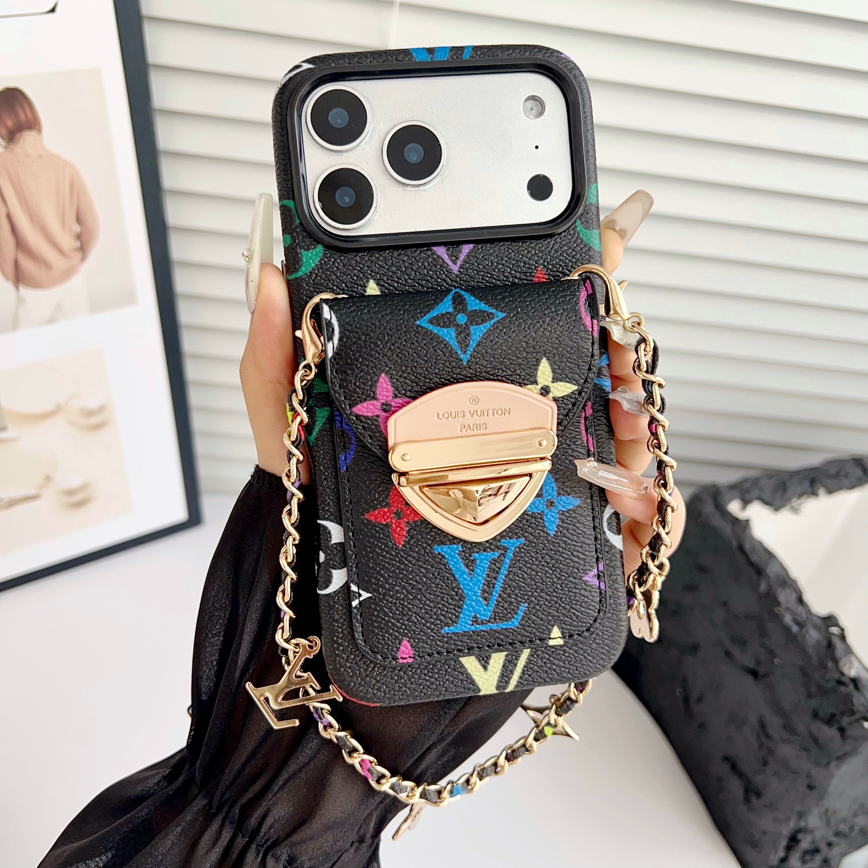 Louis Vuitton Leather iPhone Wallet Case With Letter Metal Bracelet